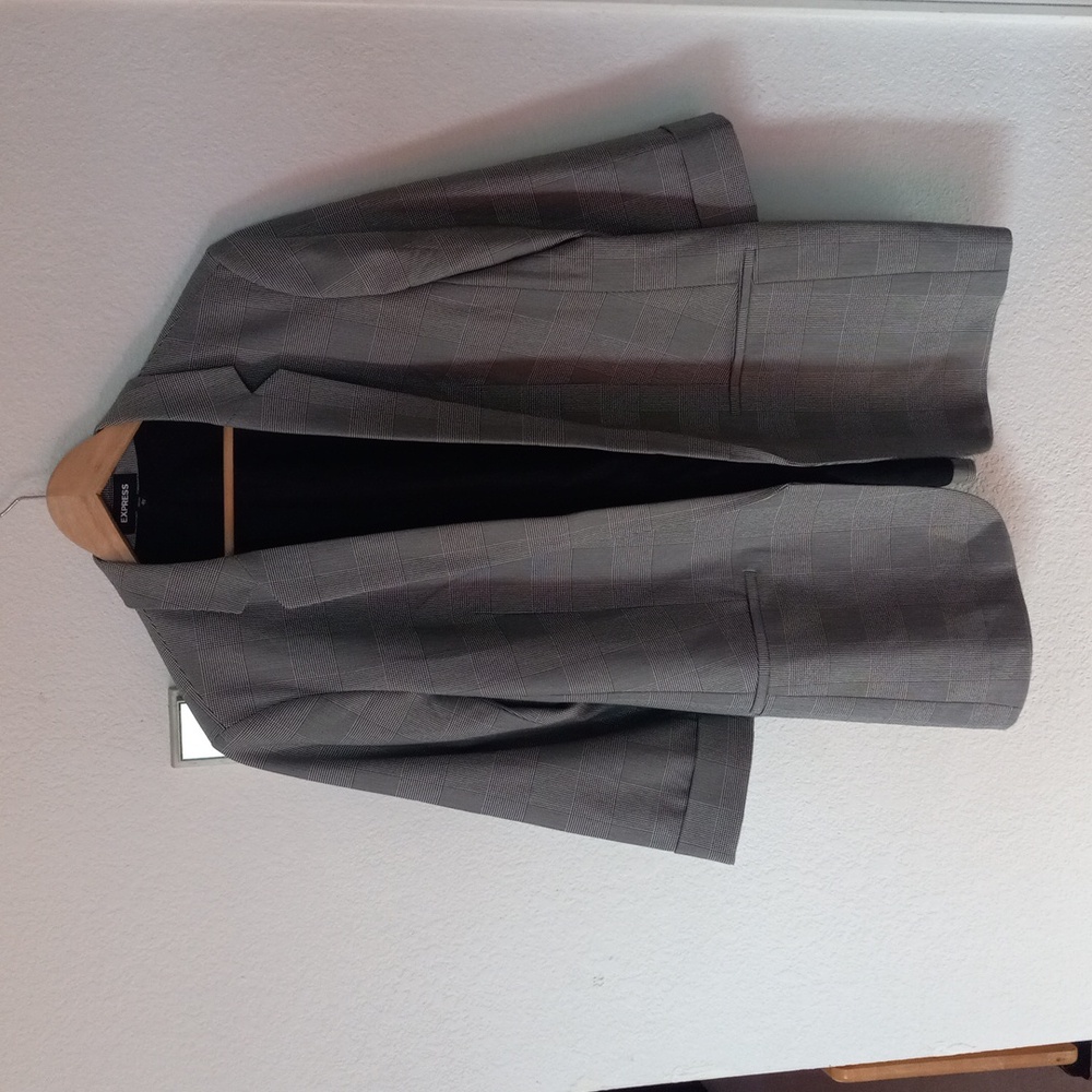 Express Women's Black and Gray 80s 90s Checkered Blazer XL